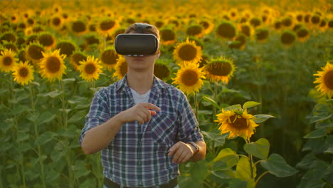 The-young-boy-is-working-in-VR-glasses.-He-is-engaged-in-the-working-process.-It-is-a-beautiful-sunny-day-in-the-sunflower-field.